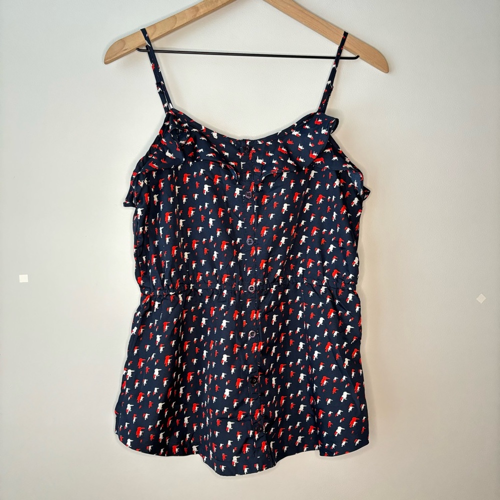 Bird Print Tank Top‎ Satin Camisole Medium Cinched Waist Ruffle MNG Whimsy Artsy